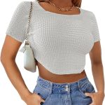 Meladyan Women Long Sleeve Knitted Solid Crop Top Square Neck Fitted Asymmetrical Hem Cropped Tee Shirts